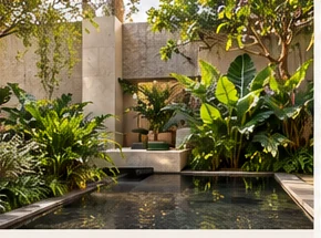 Shaded planted courtyard connecting indoor and outdoor spaces