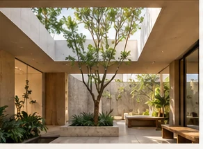 Open-plan living space designed to support cross ventilation and natural airflow