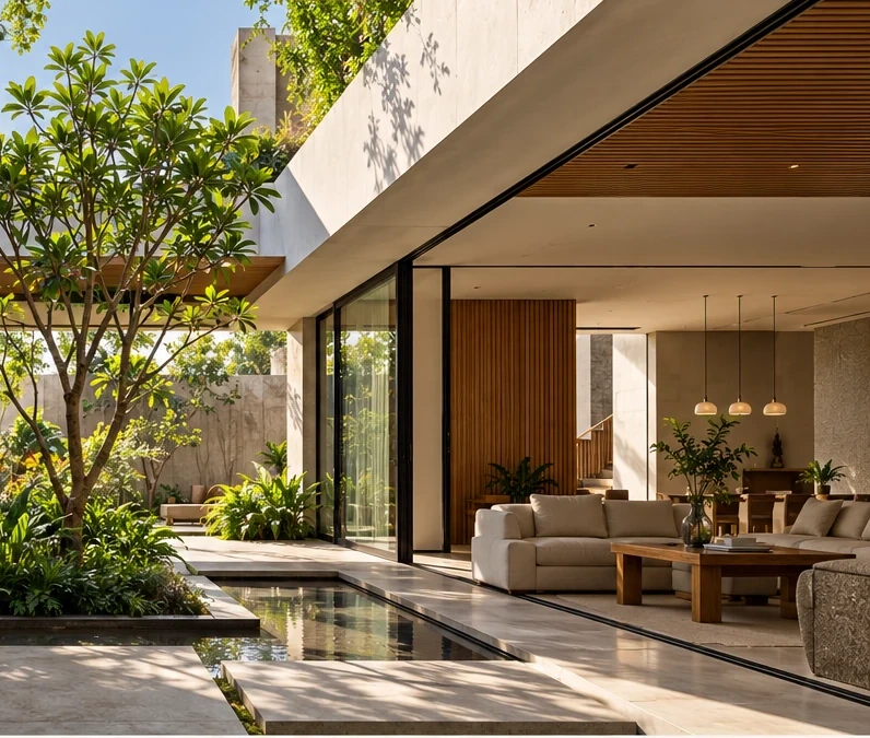 Climate-responsive modern home with shaded courtyard and landscape