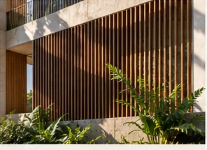 External vertical shading and planting used to manage solar exposure