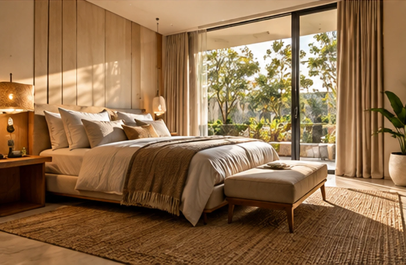 Modern villa bedroom with natural daylight and garden view