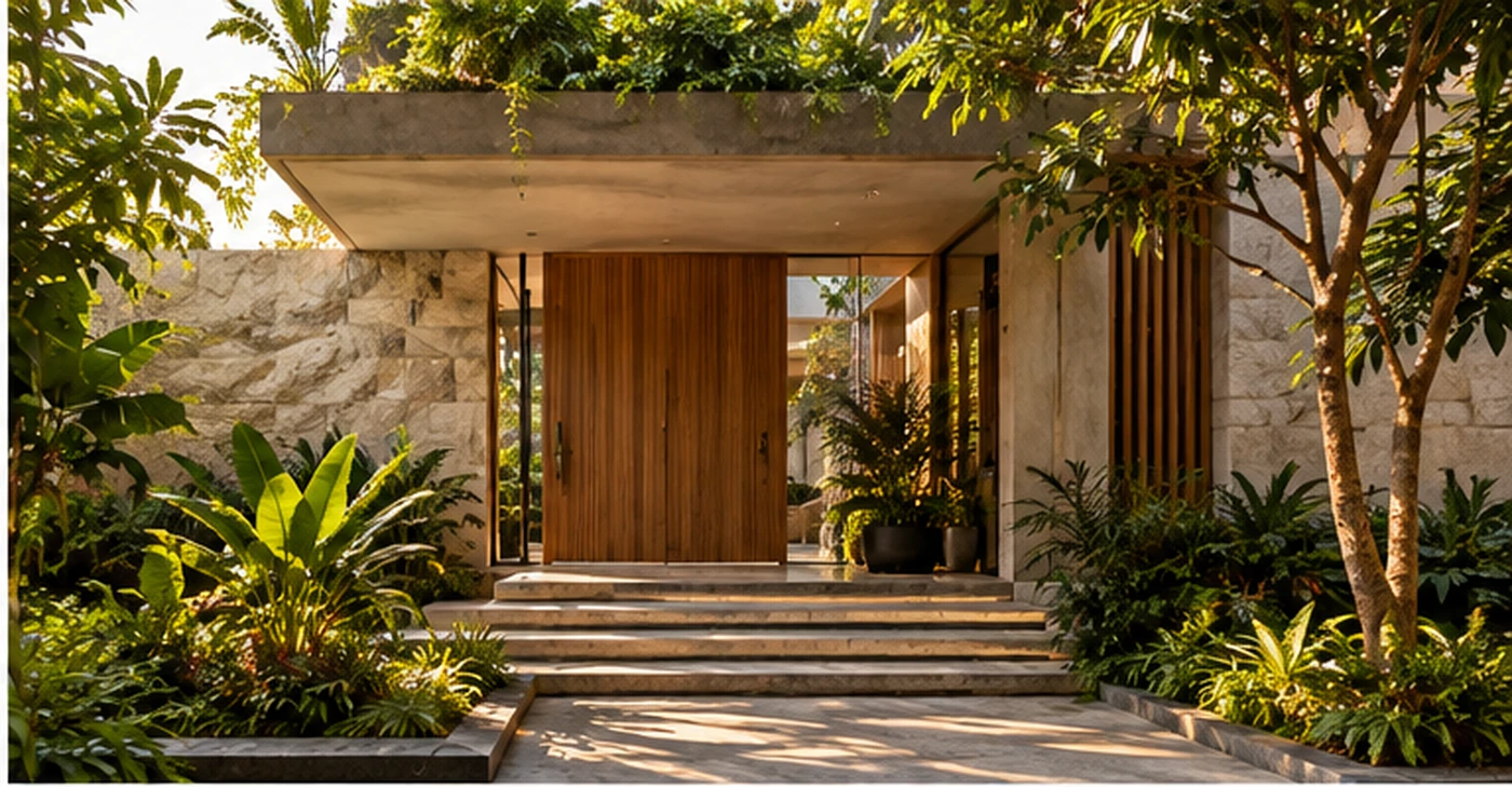 Contemporary villa entrance and courtyard with natural materials and planting