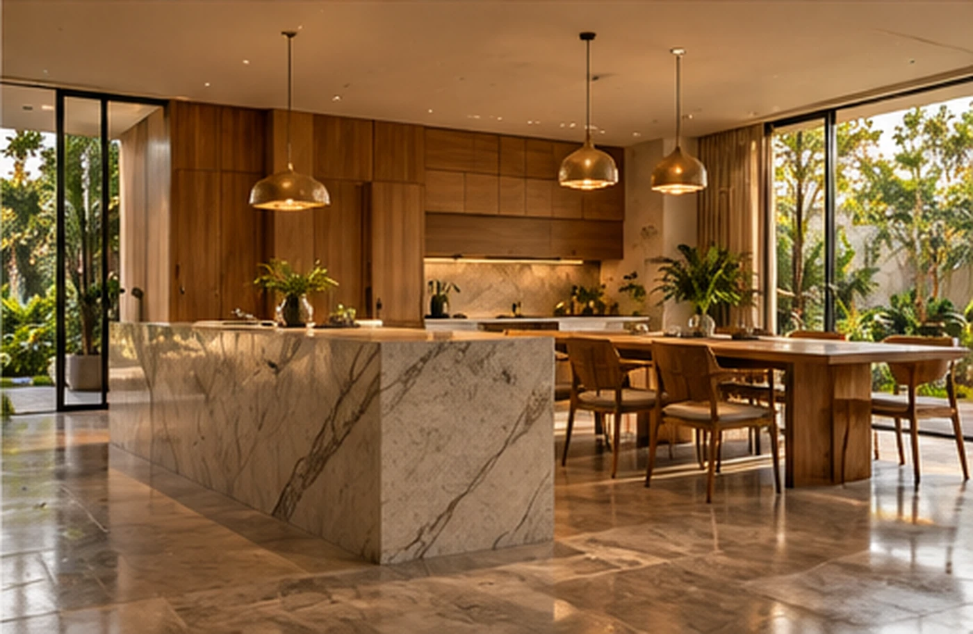 Warm contemporary villa kitchen and dining interior with natural materials