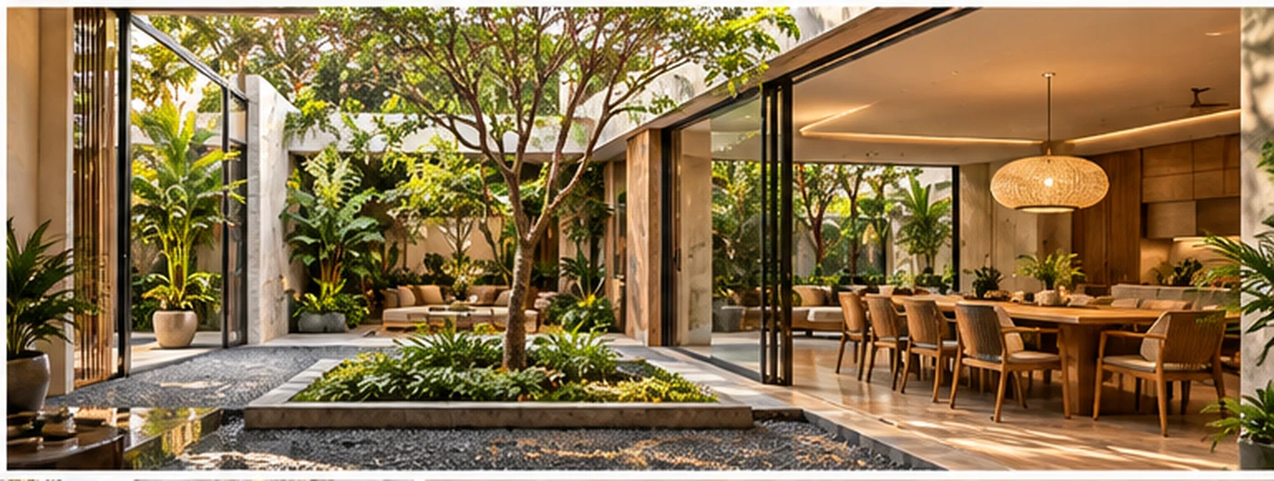 Landscaped outdoor living area integrated with modern villa architecture