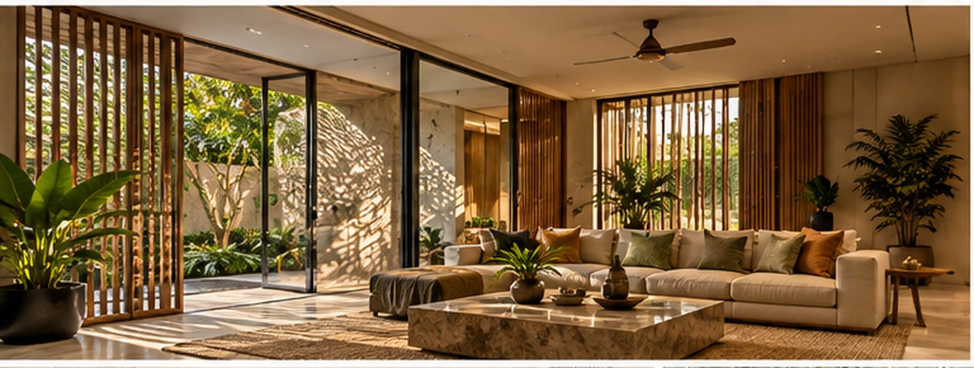 Modern villa living room opening toward a landscaped garden